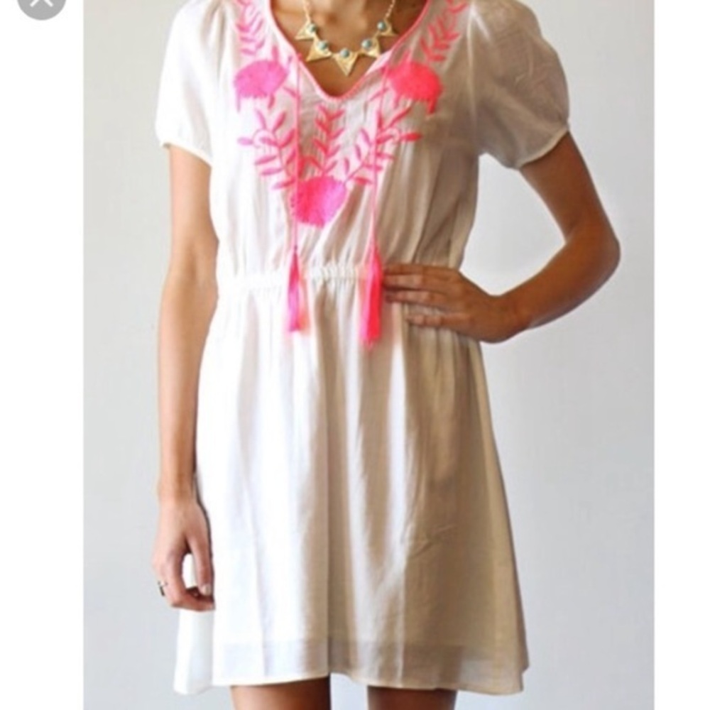 d.RA white cotton mini dress with neon pink embroidery, Sz. XS